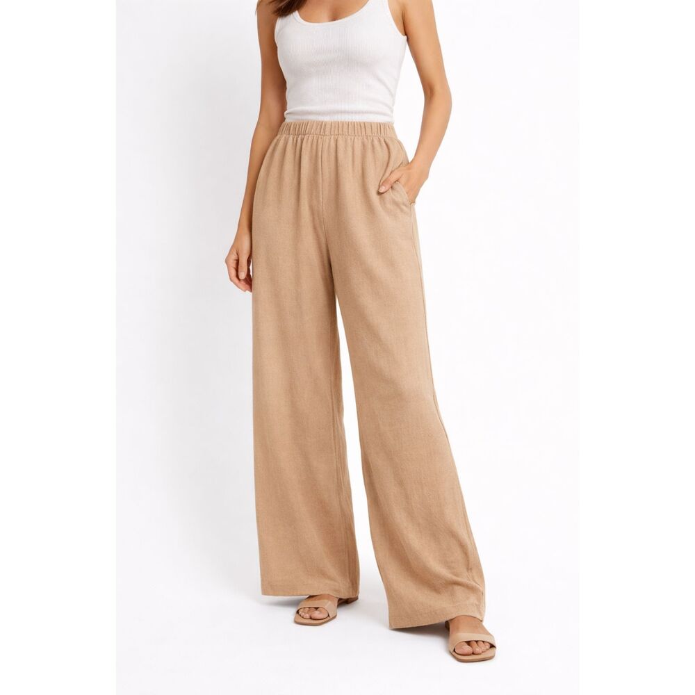 Zara Wide Leg Pants Beige Elastic Waist Flowy Lounge Minimalist M